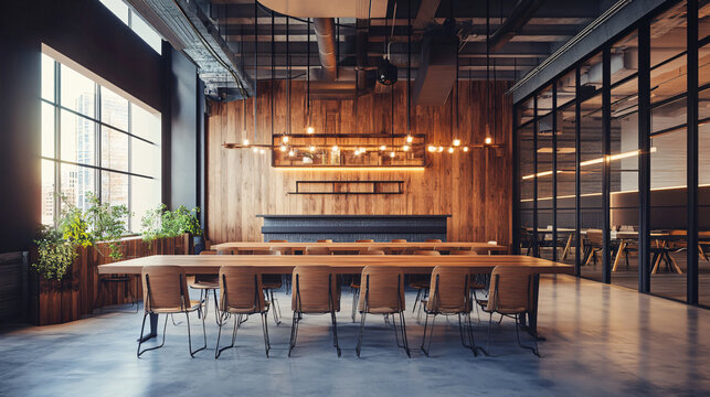 A minimalist coworking space with no occupants, featuring modern design elements like wood-paneled walls, an open floor plan, and hanging industrial light fixtures. The space has large communal tables