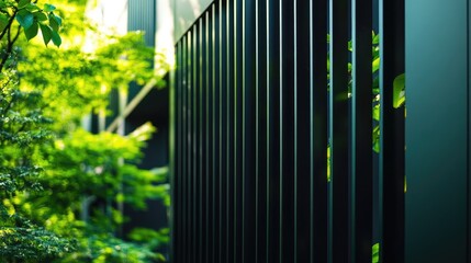 A modern black metal fence with vertical slats, surrounding a building with greenery in the background