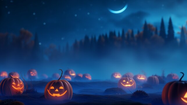 A spooky nighttime scene with a glowing pumpkin patch, fog swirling around the glowing pumpkins, and an eerie, dark forest in the background illuminated by a crescent moon. - Powered by Adobe