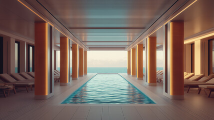 Modern indoor swimming pool overlooking the ocean, featuring sleek design elements, spacious lounge area with sun beds, and abundant natural light illuminating the serene environme