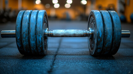 A heavy dumbbell rests on the gym floor, showcasing its worn blue weights in a well-lit fitness center for strength training sessions
