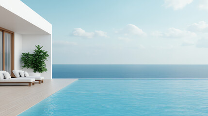 Obraz premium Modern vacation home with an infinity pool overlooking the ocean. Clear blue skies and serene atmosphere create a peaceful retreat for relaxation and leisure.