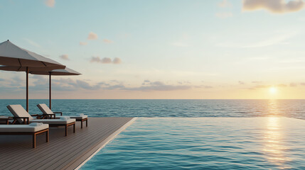 Fototapeta premium Serene infinity pool overlooking the tranquil ocean at sunset, with comfortable loungers and a shaded umbrella, creating a perfect atmosphere for relaxation and escape.