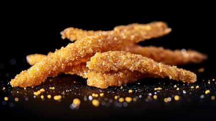 Organic crispy fish strips in a golden batter, showcased against a black background, highlighting their delicious texture and color.



