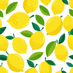 Abstract lemon seamless pattern with flat yellow fruits on a white background. Endless texture ideal for wallpaper, textiles, fabric, and paper. Fresh, bright, and simple design for modern projects.