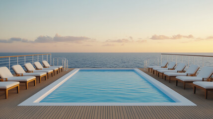 Obraz premium Stunning infinity pool overlooking the ocean at sunset, featuring sleek lounge chairs. Perfect for relaxation and leisure, embodying a luxurious getaway atmosphere.