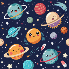 Cute space-themed seamless pattern for kids featuring doodle cartoon planets, comets, satellites, and stars.