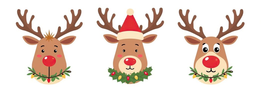 Set of cute reindeer head isolated on white background. Funny Simple flat vector illustration christmas reindeer in hat and garland with light bulbs