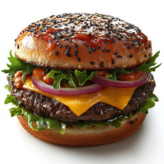 Gourmet Hamburger with Unique Toppings and Sauces, Perfectly Grilled Bun, Juicy Beef Patty, Fresh Lettuce, Tomato, and Onion - A Culinary Delight for Burger Lovers