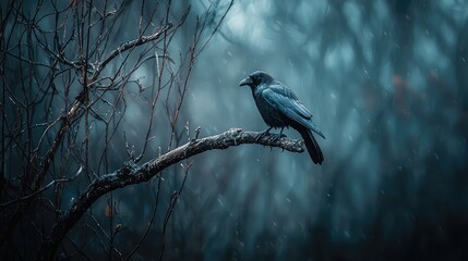 Fototapeta premium Raven Perched on Gnarled Branch in Misty Forest Scene
