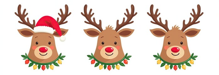 Fototapeta premium Set of cute reindeer head isolated on white background. Funny Simple flat vector illustration christmas reindeer in hat and garland with light bulbs