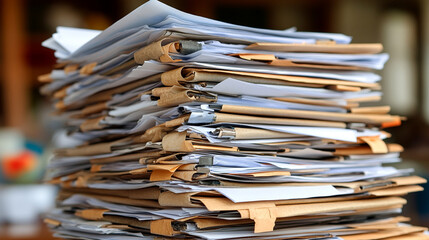 business documents and papers sprawled across a desk, symbolizing overwhelming workloads, disorganization, and the challenges of managing information overload