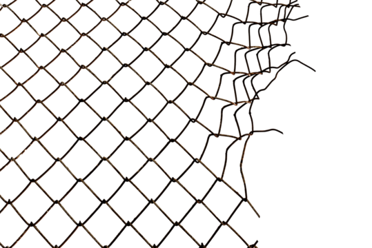 The texture of the metal mesh on a white background. Torn steel, metal mesh with holes