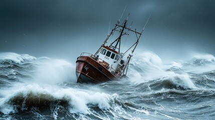 Naklejka premium Small Boat Struggling Against Powerful Waves