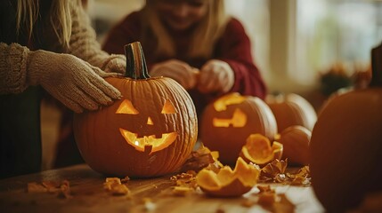 Family Fun Carving Pumpkins Together at the Table