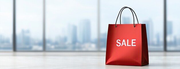 Discover amazing deals with a vibrant red shopping bag marked SALE against a stylishly muted background inviting endless shopping possibilities