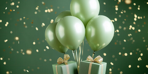 Green gold foil balloons with gold flying confetti and presents on vibrant modern background. Happy birthday greeting card with copy space.
