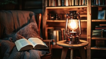 Vintage Copper Lamp Illuminating Cozy Reading Space