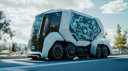 Illustrate an autonomous truck driving on a road, emphasizing its unmanned operation and advanced technology.