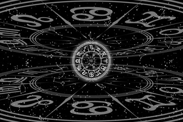 Black and White Round Frame with Zodiac Signs. Horoscope Symbol. Panoramic Sky Map of Hemisphere. Glowing Constellations on Starry Night Background. Raster. 3D Illustration