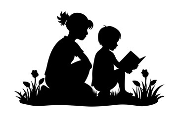 Siblings sitting in the grass and reading book Silhouette | vector silhouette illustration on white background