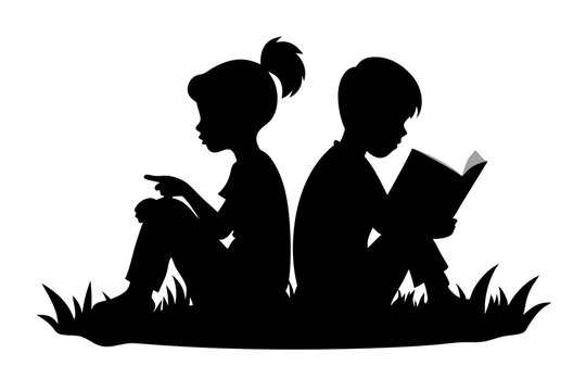 recommend clip art: Siblings sitting in the grass and reading book Silhouette | vector silhouette illustration on white background