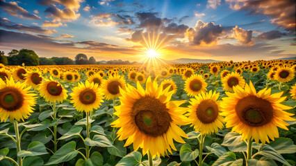 Obraz premium Sunflower Field Facing the Sun. Perfect for: Summer festivals, harvest season, outdoor gatherings