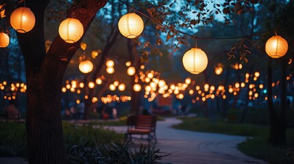 Obraz premium Illuminated Park with Lanterns in the City at Night