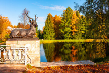 Deer bridge in autumn in Pavlovsky park, Pavlovsk, Saint Petersburg, Russia