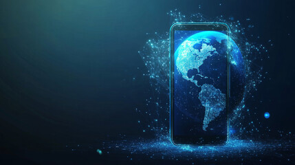 A realistic smartphone mockup featuring a futuristic technology hologram of Earth, with glowing lines and particles symbolizing a global network or communication. The smartphone screen displays an abs