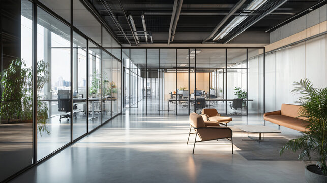 A modern, empty workspace with modular furniture, designed to adapt to different needs. Glass walls and moveable partitions divide the space, with minimalist d&eacute;cor and bright natural light