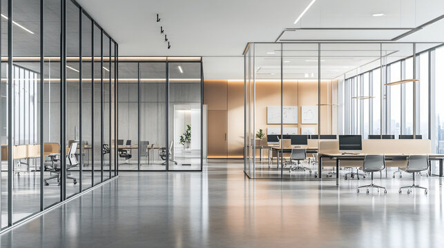 A modern, empty workspace with modular furniture, designed to adapt to different needs. Glass walls and moveable partitions divide the space, with minimalist d&eacute;cor and bright natural light