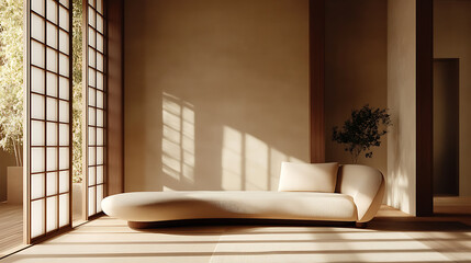 Japandi minimalist living room featuring curved sofa and elegant armchair