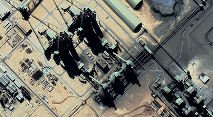 The landscape of a sandy desert and an oil plant in Qatar from a bird's eye view