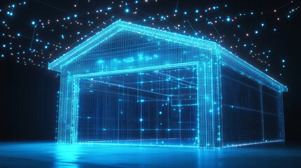 A hologram-style garage created from polygons, triangles, dots, and lines, forming a low-poly structure of interconnected connections. The design embodies a futuristic, digital technology concept, sho