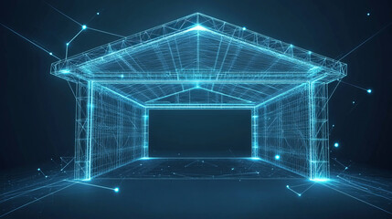 A hologram-style garage created from polygons, triangles, dots, and lines, forming a low-poly structure of interconnected connections. The design embodies a futuristic, digital technology concept, sho