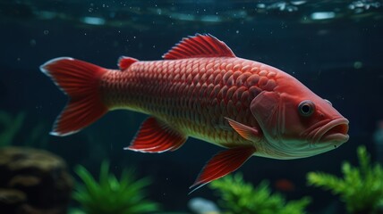 Obraz premium A vibrant red fish with scales swims in a freshwater aquarium.