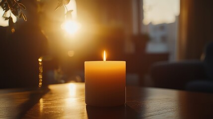 Softly Burning Candle in a Warm, Captivating Scene