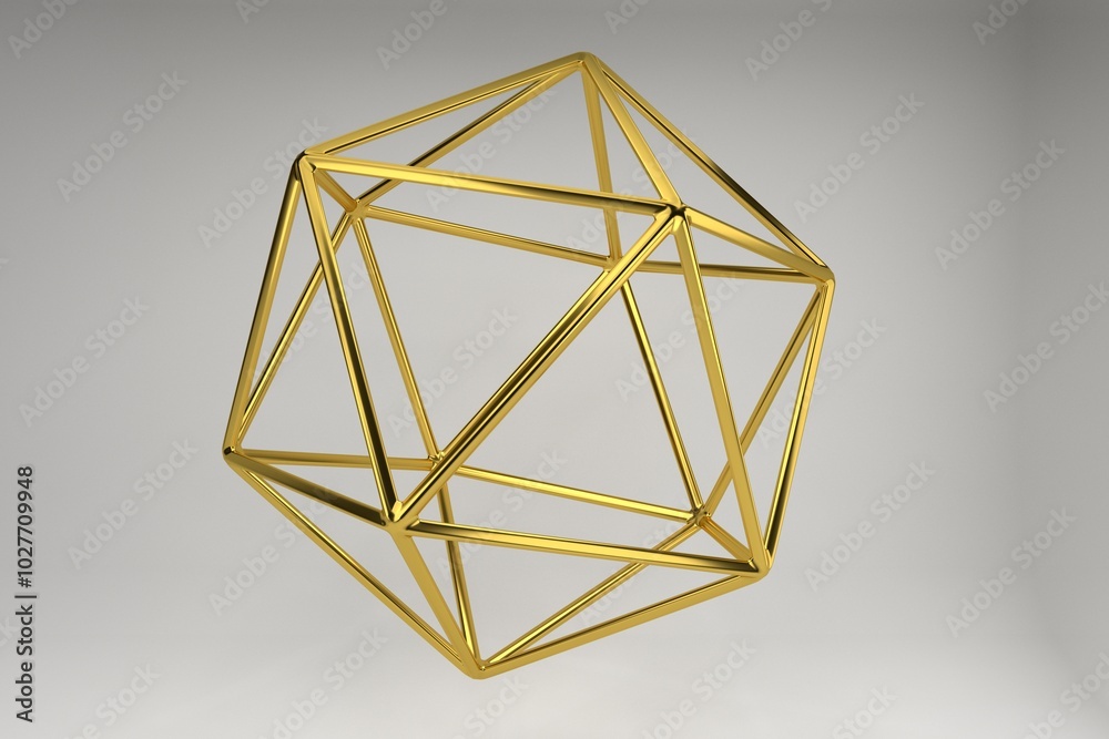 Poster realistic 3d rendering of golden icosahedron. modern background with geometric shape of platonic sol