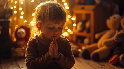 Serene Child with Clasped Hands in Warm Lighting