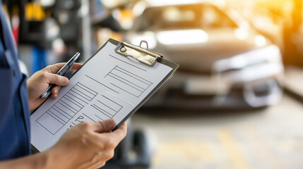 Services car engine machine concept, Automobile mechanic repairman checking a car engine with inspecting writing to the clipboard the checklist for repair machine, car service and maintenance