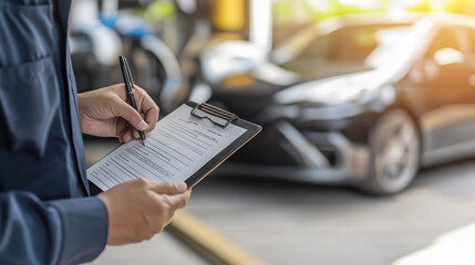 Services car engine machine concept, Automobile mechanic repairman checking a car engine with inspecting writing to the clipboard the checklist for repair machine, car service and maintenance