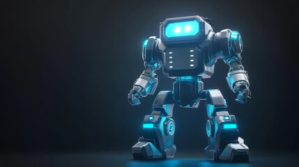 A 3D rendering of a battle robot set against a dark background. The robot is designed with an armored, futuristic appearance, showcasing intricate details and powerful features, evoking a sense of str