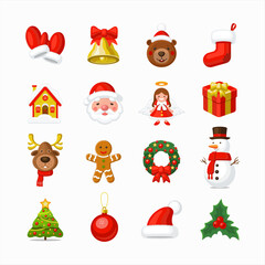 Set of Christmas icons. Collection of cartoon Xmas symbols - Santa, Christmas angel, gift, tree, ball, sock, holly, wreath, snowman, mittens, gingerbread man, bell with bow, santa hat, cute bear etc.