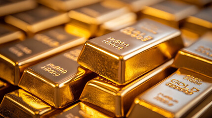 pure gold bars arranged neatly, symbolizing wealth, success, and financial stability. Represents luxury, prosperity, investment, and the allure of tangible assets