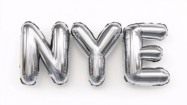Silver Letter Balloons Spelling "NYE" Isolated on White Background, Shiny New Year's Eve Typography.