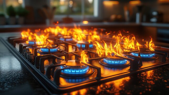 Captivating Dance of Gas Flames in a Modern Kitchen: Ideal for Culinary Enthusiasts and Designers