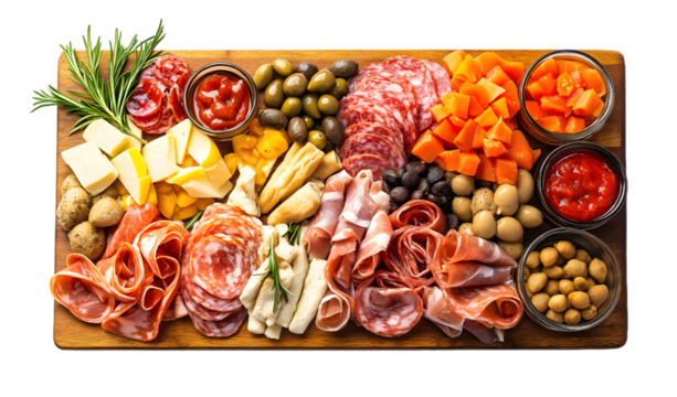 Delicious Antipasto Board with Assorted Meats and Snacks isolated on transparent background. PNG file, cut out