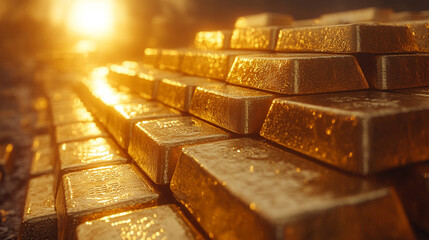 pure gold bars arranged neatly, symbolizing wealth, success, and financial stability. Represents luxury, prosperity, investment, and the allure of tangible assets