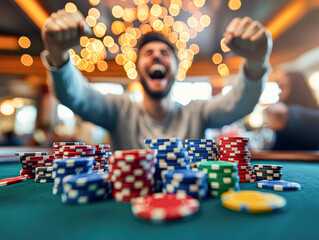 A man is playing poker with a pile of chips on the table
